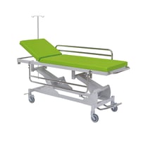 Chariot brancard d'urgence : réglage hydraulique de la hauteur, acier peint, mains courantes rabattables et support tige IV (couleurs disponibles)